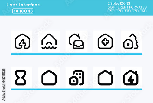 Set of 5 solid user interface icons,hot, tub, hourglass, end, start, house, blank