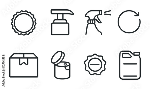Cleaning supplies icon set – linear style household and janitorial tools for home maintenance: bottle cap, pump dispenser, spray bottle, recycle symbol, box, can, seal, container