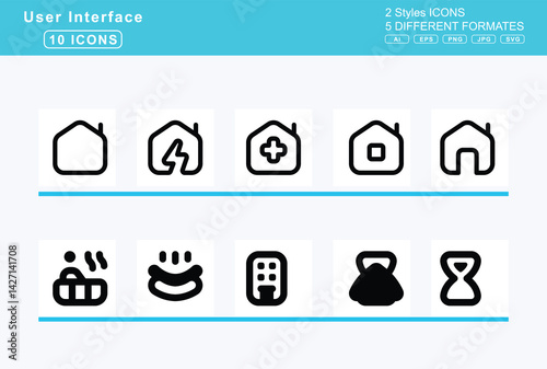 Set of 5 solid user interface icons,hospitals, hospital, symbol, user, hotdog, hotel
