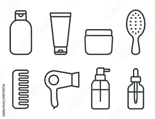 Hair care outline icons set – linear styling and beauty symbols for personal grooming, hair products, salon essentials: shampoo, conditioner, hairbrush, comb, hairdryer, serum, dropper