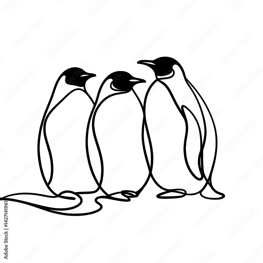Obraz premium Three penguins in a line drawing on a white background 