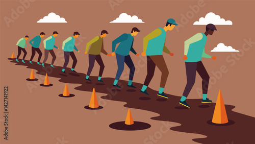 A line of participants trudging through a series of deep squelching mud pits the ground ing at their shoes and impeding their progress.. Vector illustration