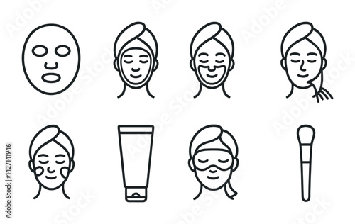 Skincare routine outline icons set – minimalist beauty and self-care symbols for spa treatments, facial care, and relaxation: face mask, cleanser, moisturizer, exfoliant, serum, brush, towel, eye