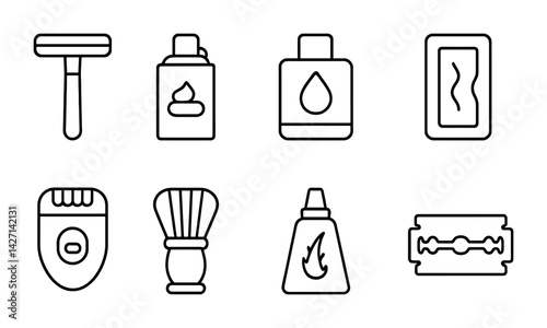 Personal grooming outline icons set – sleek and minimal hygiene and self-care symbols for daily routine: razor, shaving cream, aftershave, bar soap, trimmer, shaving brush, wax, blade