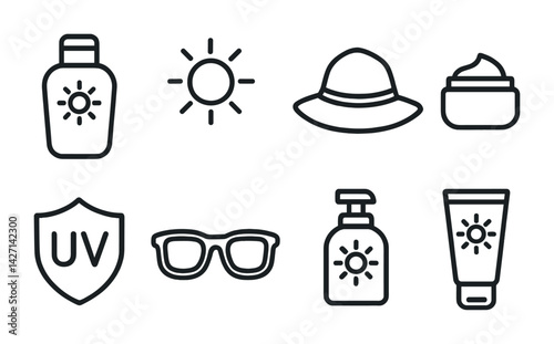 Summer essentials icon set – outline style sun protection and beach symbols for summer safety, vacation gear, uv shield: sunscreen, sunglasses, sun hat, lotion, uv shield, sun