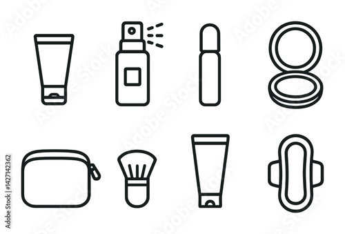 Personal care products icon set – outline style hygiene and grooming symbols for self-care routines, toiletry essentials, cosmetic items: lotion, spray, lip balm, compact, pouch, brush, cream, pad