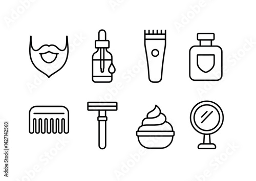 Men's grooming essentials icon set – outline style for barbering and personal care: beard, oil, trimmer, cologne, comb, razor, shaving cream, mirror