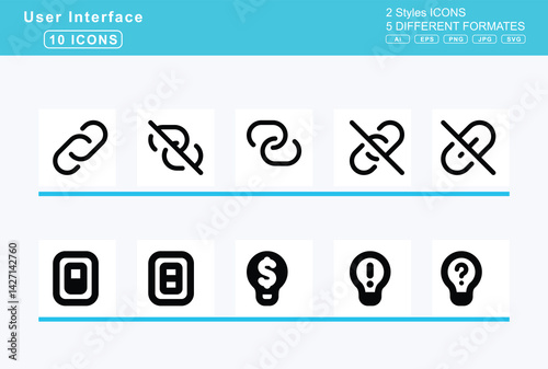 Set of 5 solid user interface icons,life, ring, lightbulb, dollar, exclamation, question, slash
