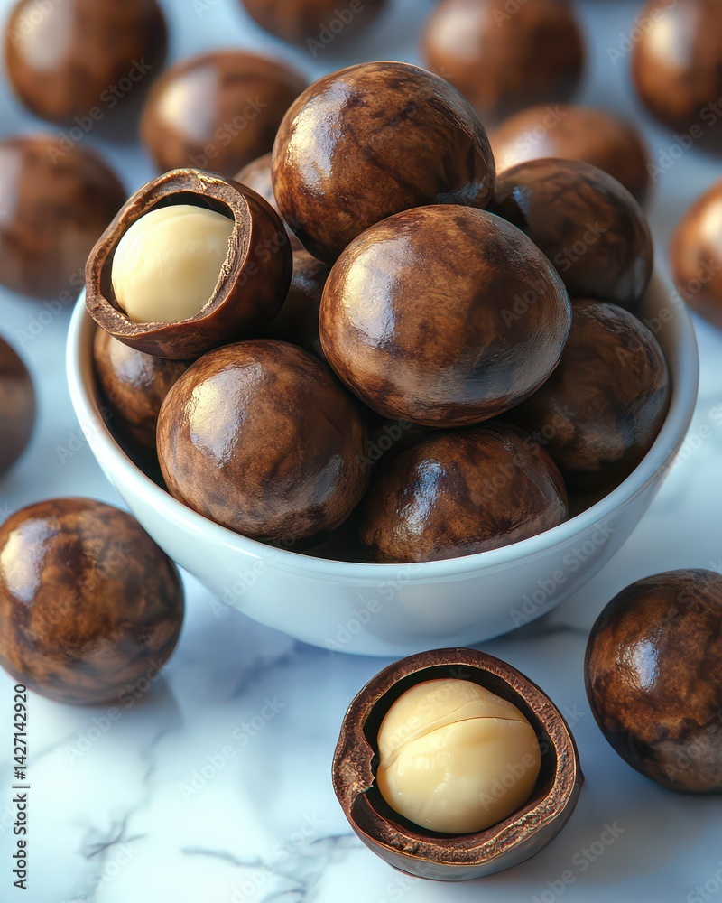 Obraz premium A bowl filled with glossy, brown macadamia nuts, some cracked open, on a marble surface