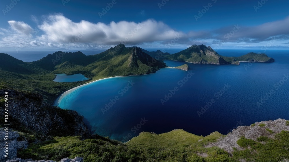 Fototapeta premium Coastal landscape with turquoise bays and lush mountains