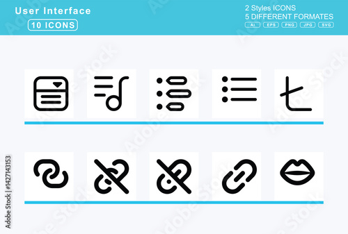 Set of 5 solid user interface icons,light, switch, on, line, width, link, horizontal
