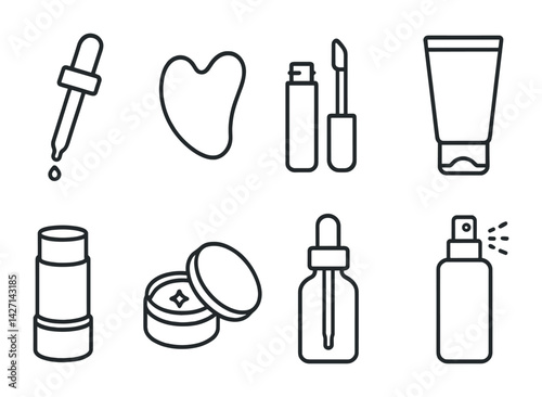 Skincare and beauty icon set – outline style cosmetic and self-care symbols for wellness branding, beauty packaging, product design: dropper bottle, heart, lip gloss, tube, stick, jar, spray