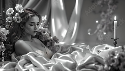 A luxurious black and white backdrop sets the mood for adult romance—elegant textures, soft lighting, and sensual shadows define this intimate visual experience
