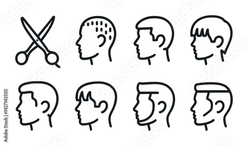 Hairstyle and barber icon set – outline style haircut symbols for grooming, salon, and styling: scissors, buzz cut, crew cut, bowl cut, undercut, comb over