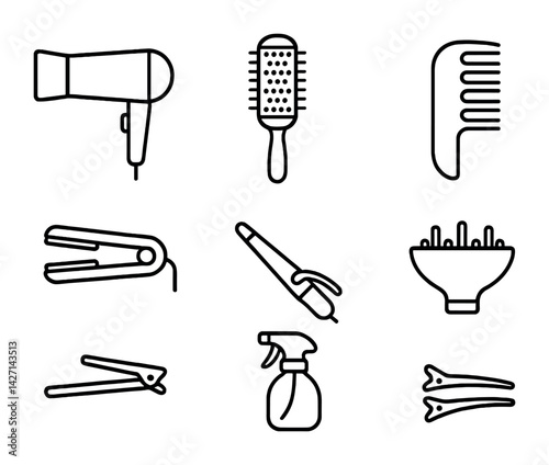 Hair salon vector outline icon set – flat hairstyle, grooming, and beauty symbols for hair care: hairdryer, comb, brush, straightener, curling iron, spray bottle, diffuser, hair clip