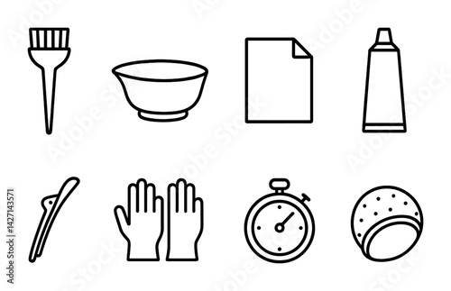 Hairdressing and salon tool icon set – outline style beauty and grooming symbols for hairstyling and salon equipment: brush, bowl, paper, tube, clip, gloves, timer, roller