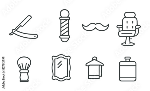 Barber shop icon set – line style grooming and shaving symbols for salons, haircuts, and men's styling: razor, barber pole, mustache, chair, brush, mirror, towel, bottle
