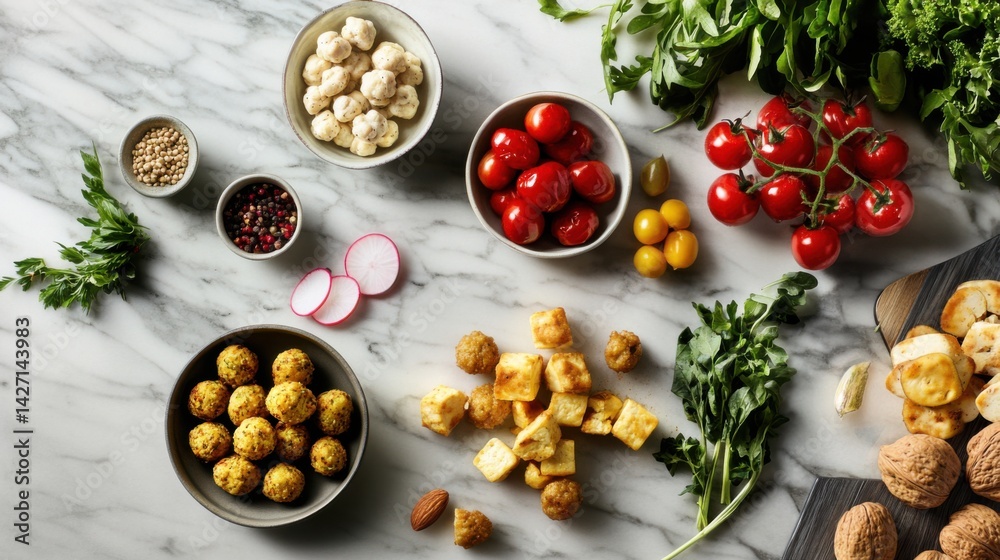 Brunch board with vegetarian protein appetizers and vibrant accents
