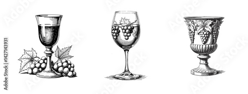 Detailed sketch of wine glasses with grape decoration