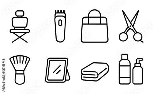 Beauty and grooming icon set – outline style personal care symbols for salon and spa essentials: chair, clipper, bag, scissors, brush, mirror, towel, bottles
