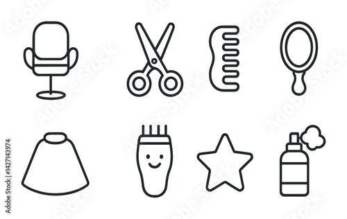 Hairdressing icon set – outline style barber and salon symbols for hair care, grooming, and styling: chair, scissors, comb, mirror, cape, clipper, star, spray bottle