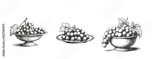 Still life with grapes in decorative bowls