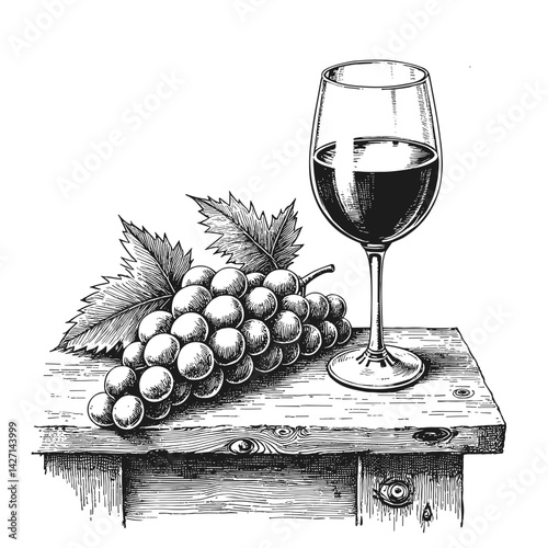 Still life with grapes and wine glass on rustic wooden table