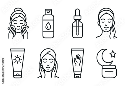 Skincare and beauty icon set – outline style for self-care routine and wellness branding: face mask, serum bottle, dropper, sunblock tube, night cream