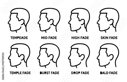Haircut styles icon set – line style barber and grooming symbols for hairstyling and salons: temple fade, mid fade, high fade, skin fade, burst fade, drop fade, bald fade