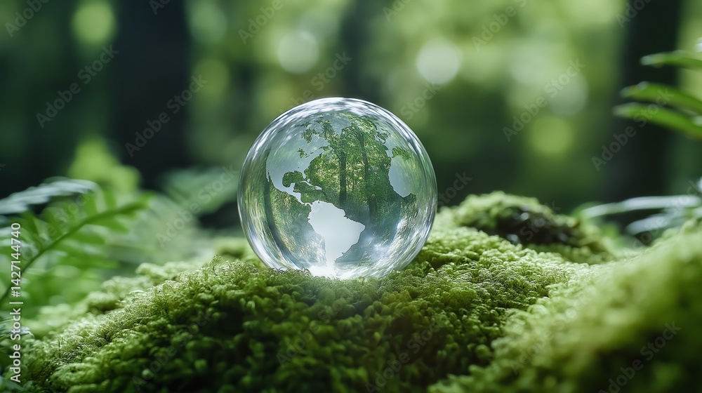 Glass earth globe resting on moss in a lush green forest symbolizing environmental conservation and sustainability awareness, Generative AI Glass earth globe resting on moss in a lush green forest symbolizing environmental conservation and sustainability awareness, Generative AI