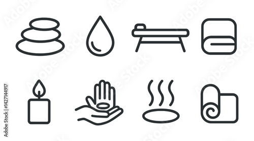 Spa and wellness icon set – outline style relaxation and self-care symbols for massage therapy, aromatherapy, and rejuvenation: stones, drop, massage table, towel, candle, hand, steam, yoga mat
