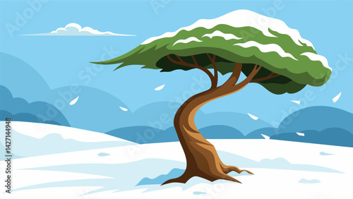 A tree bending under the weight of heavy snow but still standing tall and sy.. Vector illustration
