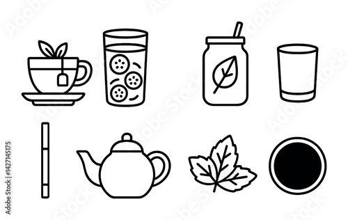 Beverage icon set – outline style drink and refreshment symbols for tea, juice, smoothie, water, straw, teapot, leaf, citrus slice