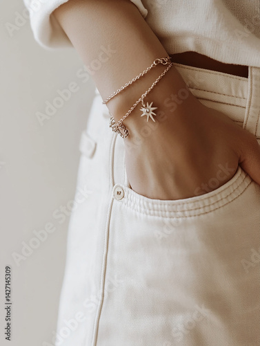 a person's hand resting in the pocket of white pants. 