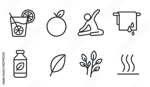 Wellness and spa outline icons set – linear style health and relaxation symbols for self-care, fitness, and serenity: yoga, aromatherapy, herbal tea, towel, steam, spa leaf, organic product