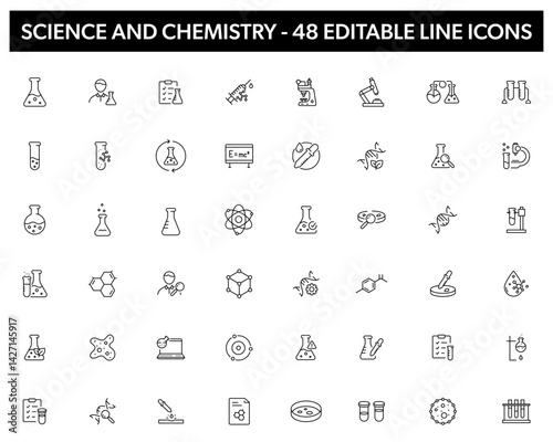 Science and Chemistry - editable line vector icons. Chemical industry and laboratory signs.