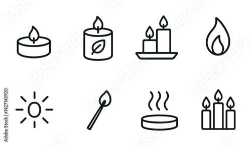 Candle and flame icon set – outline style for relaxation and ambiance with aromatherapy and light elements: tea light, pillar candle, matches, fire, sunburst, tray, steam