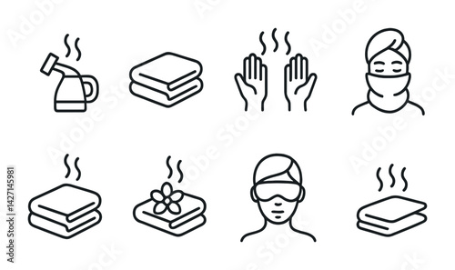 Spa and wellness outline icons set – relaxation and self-care symbol pack in minimal style: towel, kettle, hands, woman with face mask, eye mask, steam, herbal compress