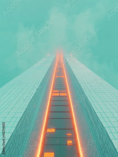  skyscraper seen from below with a steep upward angle, disappearing into heavy turquoise fog