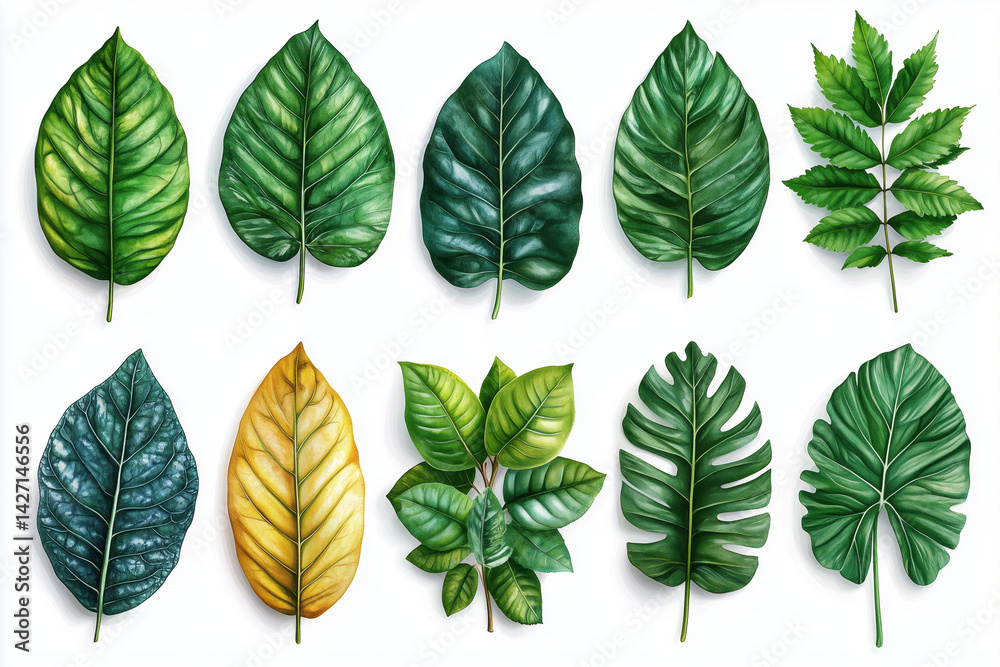 Set of Tropical leaves isolated on white background. Beautiful tropical exotic foliage