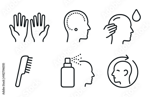 Hair care outline icons set – elegant and minimal line style grooming and hygiene symbols for personal care: hands, scalp, head massage, droplet, comb, spray, circular arrows