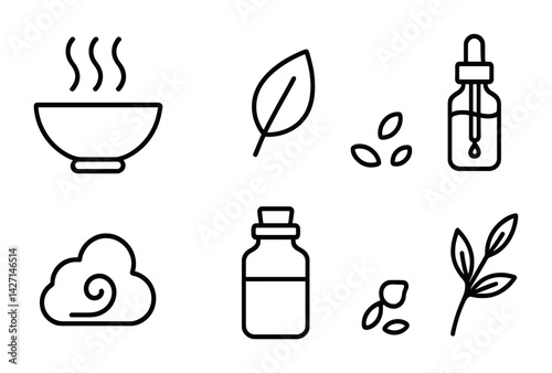 Herbal and wellness outline icons set – linear style for holistic health and natural remedies: tea, leaf, essential oils, cloud, bottle, seeds, branch