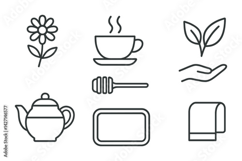 Wellness and relaxation icon set – outline style spa and self-care symbols for holistic health and wellbeing: flower, tea cup, leaves, teapot, honey dipper, towel