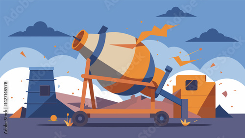 The cement mixer stands stoically in the midst of the chaotic scene seemingly unaffected by the elements.. Vector illustration