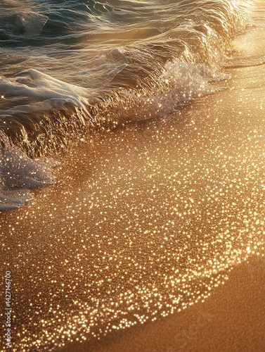 A dreamlike landscape of golden sea water and golden sand beach. 