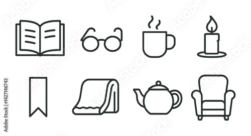 Cozy home essentials icon set – outline style domestic comfort symbols for interior decor, relaxation, and lifestyle: book, glasses, mug, candle, bookmark, blanket, teapot, armchair