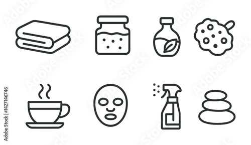 Spa and wellness outline icon set – stylish and relaxing symbols for self-care, rejuvenation, and therapy: towels, cream jar, essential oil, stones, face mask, cup, cleanser