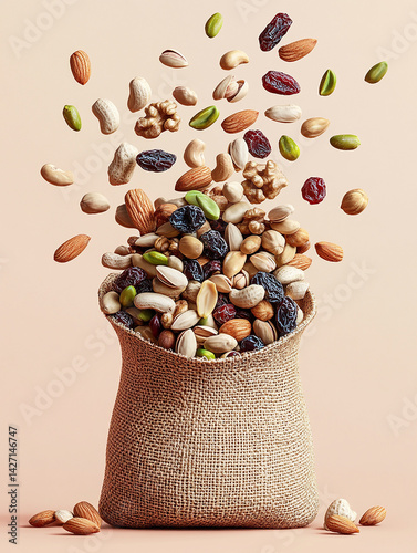 mixed nuts, including pistachios, peanuts, dried sour cherries, sunflower seeds, and sunflower seed kernels, falling from the top right corner into an open brown jute bag wit