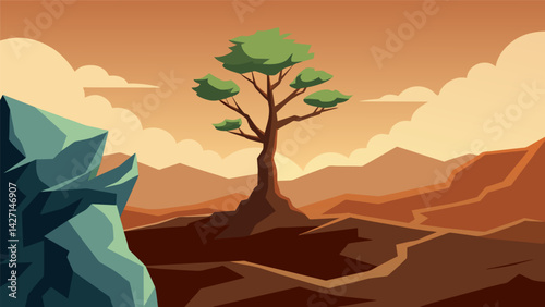 A lone tree slowly growing amidst a rocky barren landscape exemplifying the strength and perseverance required for personal growth.. Vector illustration