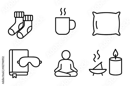 Sleep and relaxation icon set – outline style wellness and self-care symbols for stress relief, meditation, and rest: socks, mug, pillow, book, eye mask, meditation, candle